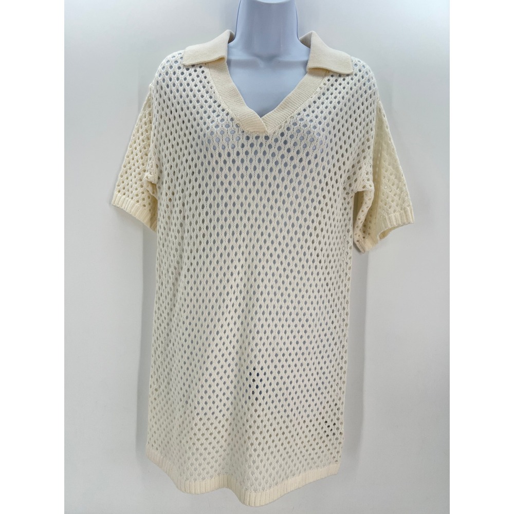 H&M Divided Coastal Grandma Crochet Dress XS Cream Open Knit Coverup Polo